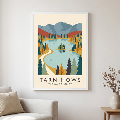 Tarn Hows travel poster in a white frame, hanging in a living2