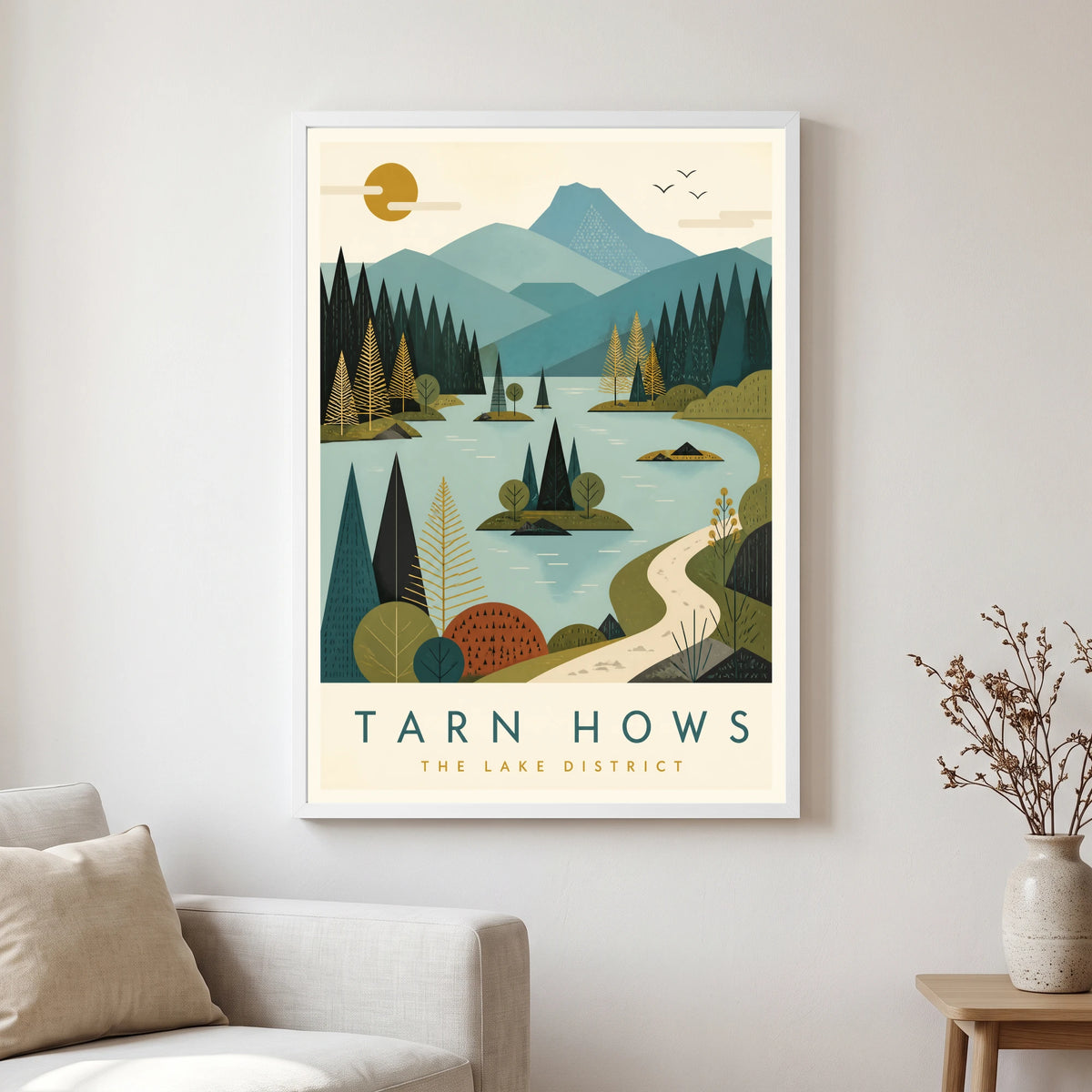 Tarn Hows travel poster in a white frame, hanging in a living2