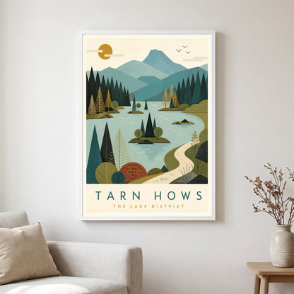 Tarn Hows travel poster in a white frame, hanging in a living2