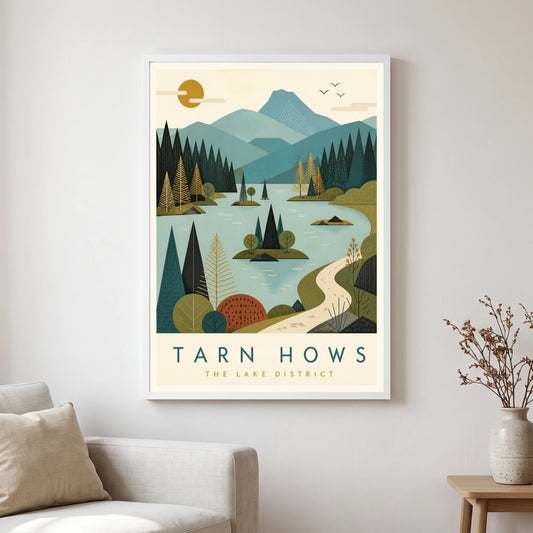 Tarn Hows travel poster in a white frame, hanging in a living2
