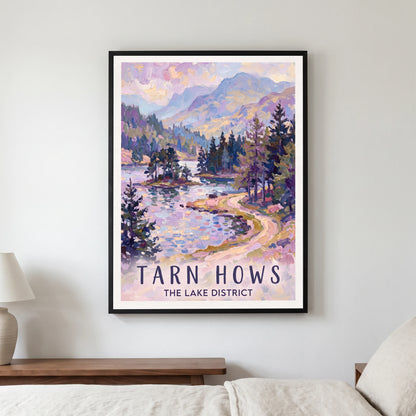 Tarn Hows travel poster in a black frame, hanging in a bedroom3