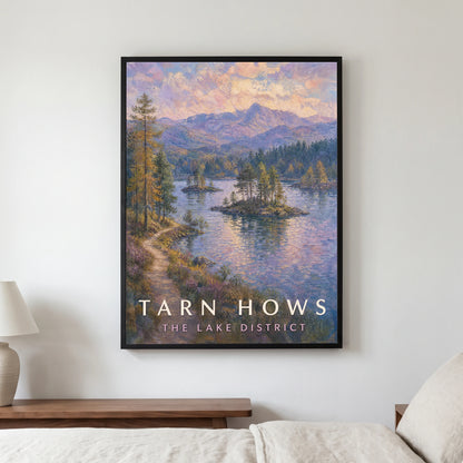 Tarn Hows travel poster in a black frame, hanging in a bedroom3