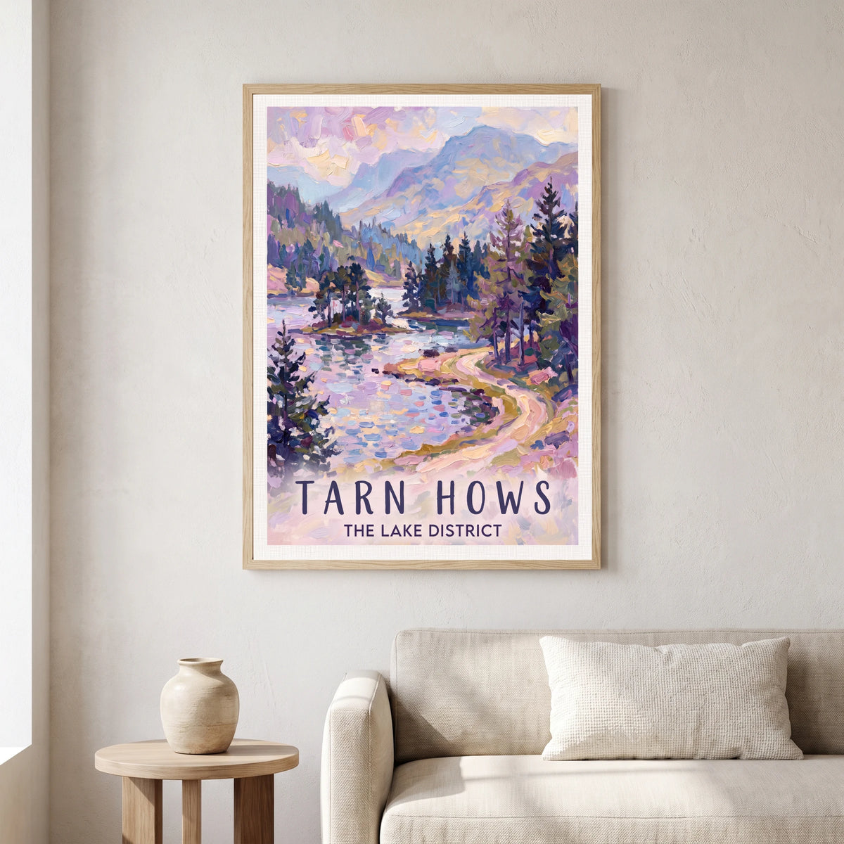 Tarn Hows travel poster in a natural frame, hanging in a living
