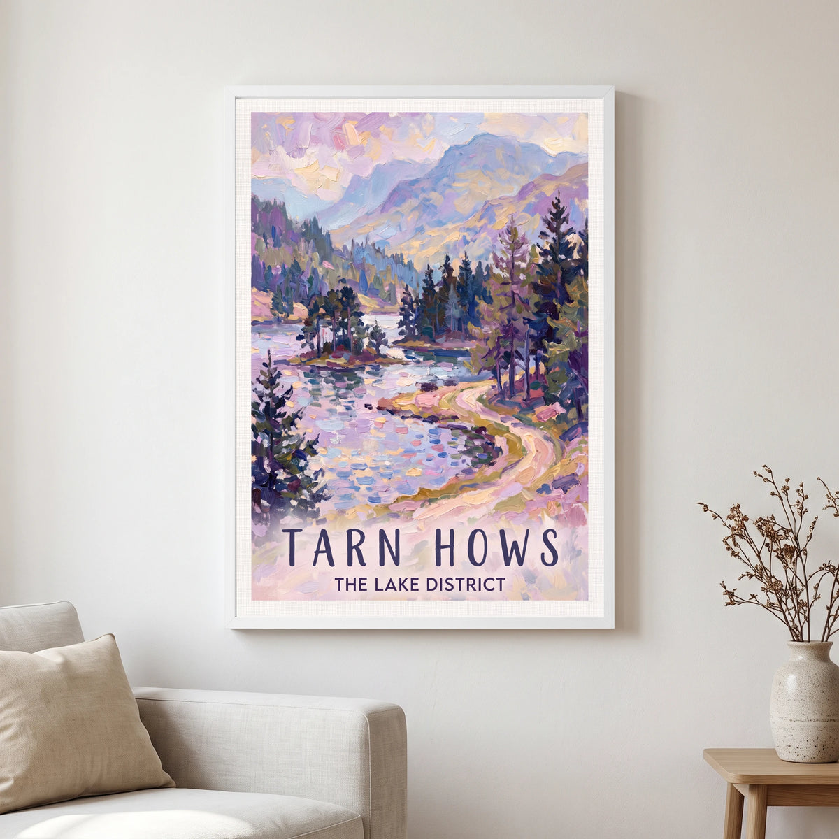 Tarn Hows travel poster in a white frame, hanging in a living2