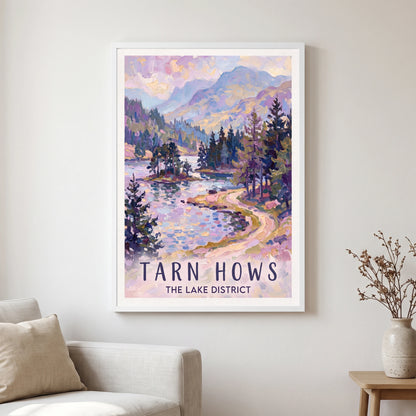 Tarn Hows travel poster in a white frame, hanging in a living2