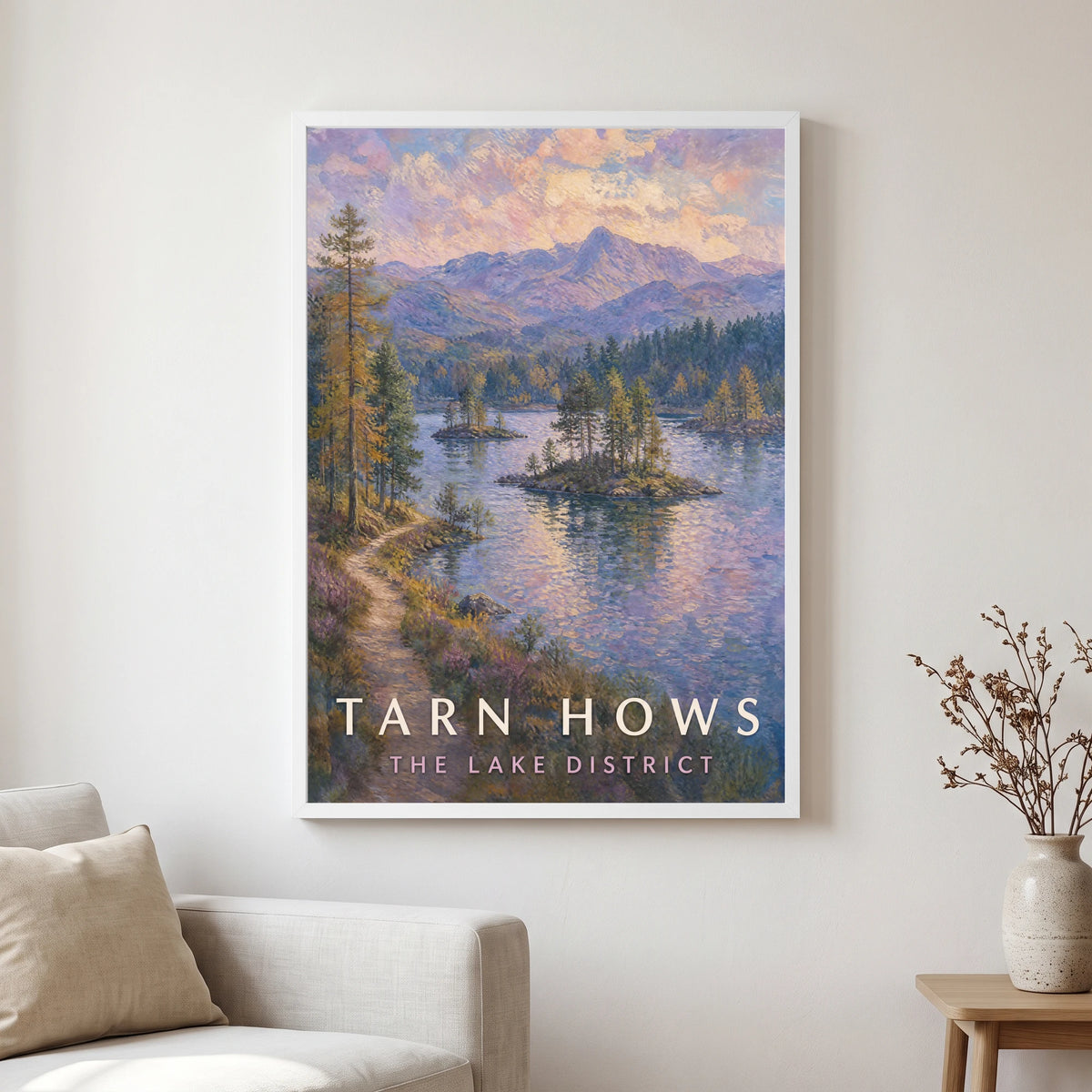 Tarn Hows travel poster in a white frame, hanging in a living2