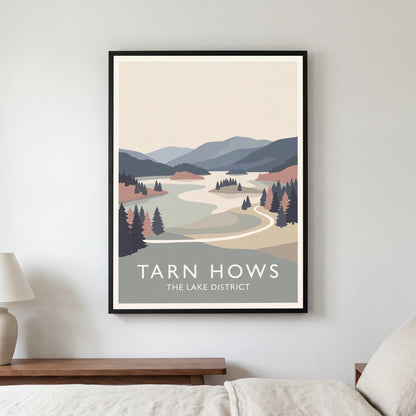 Tarn Hows travel poster in a black frame, hanging in a bedroom3