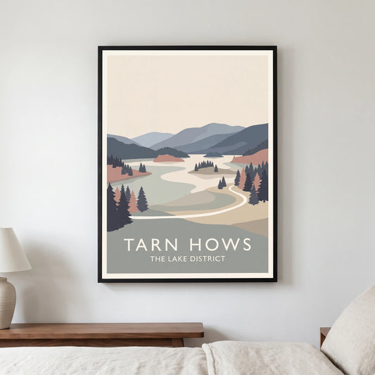 Tarn Hows travel poster in a black frame, hanging in a bedroom3
