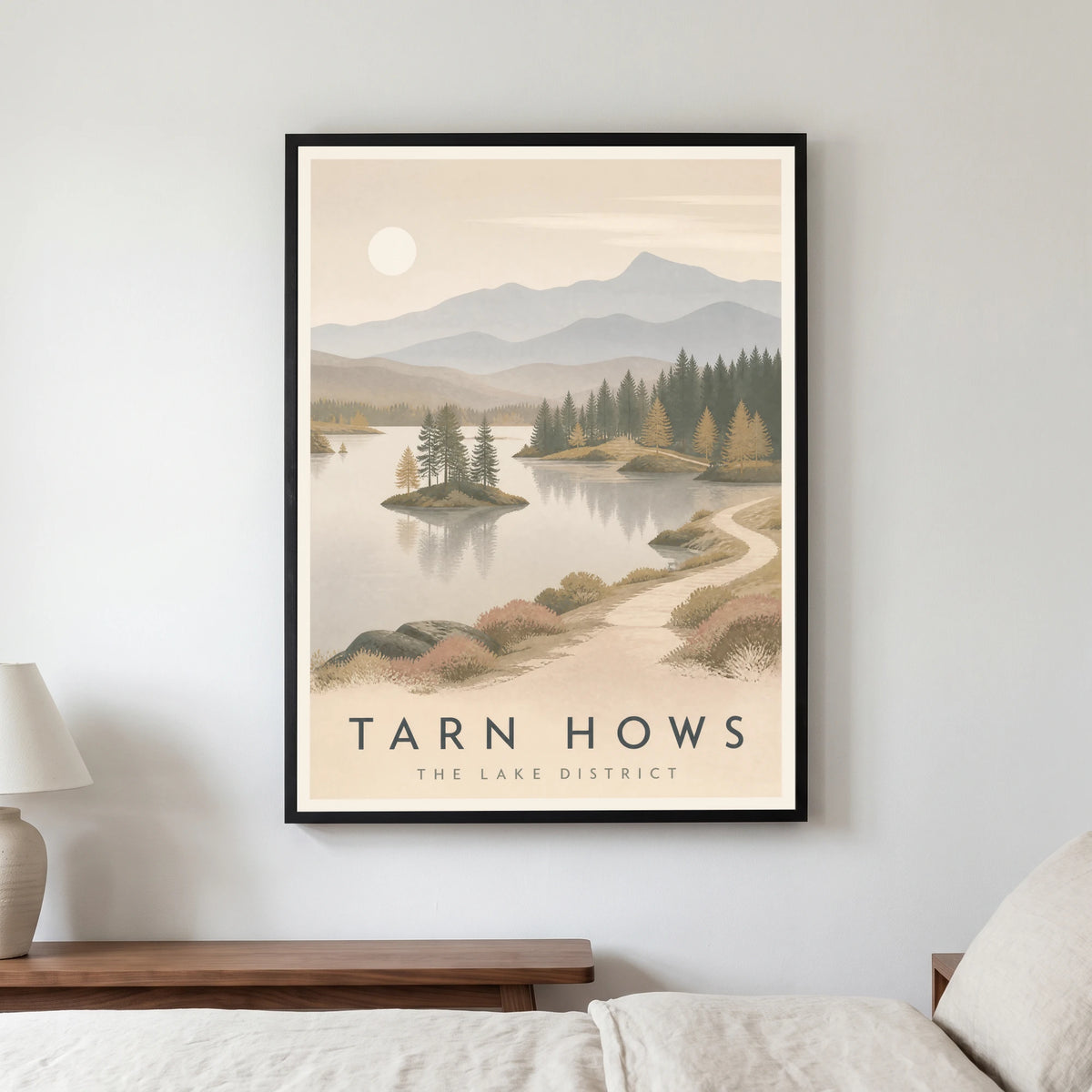 Tarn Hows travel poster in a black frame, hanging in a bedroom3