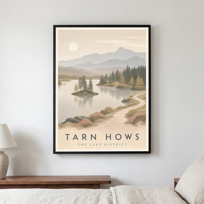 Tarn Hows travel poster in a black frame, hanging in a bedroom3