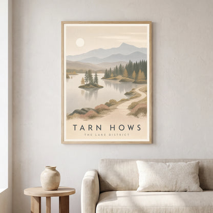 Tarn Hows travel poster in a natural frame, hanging in a living