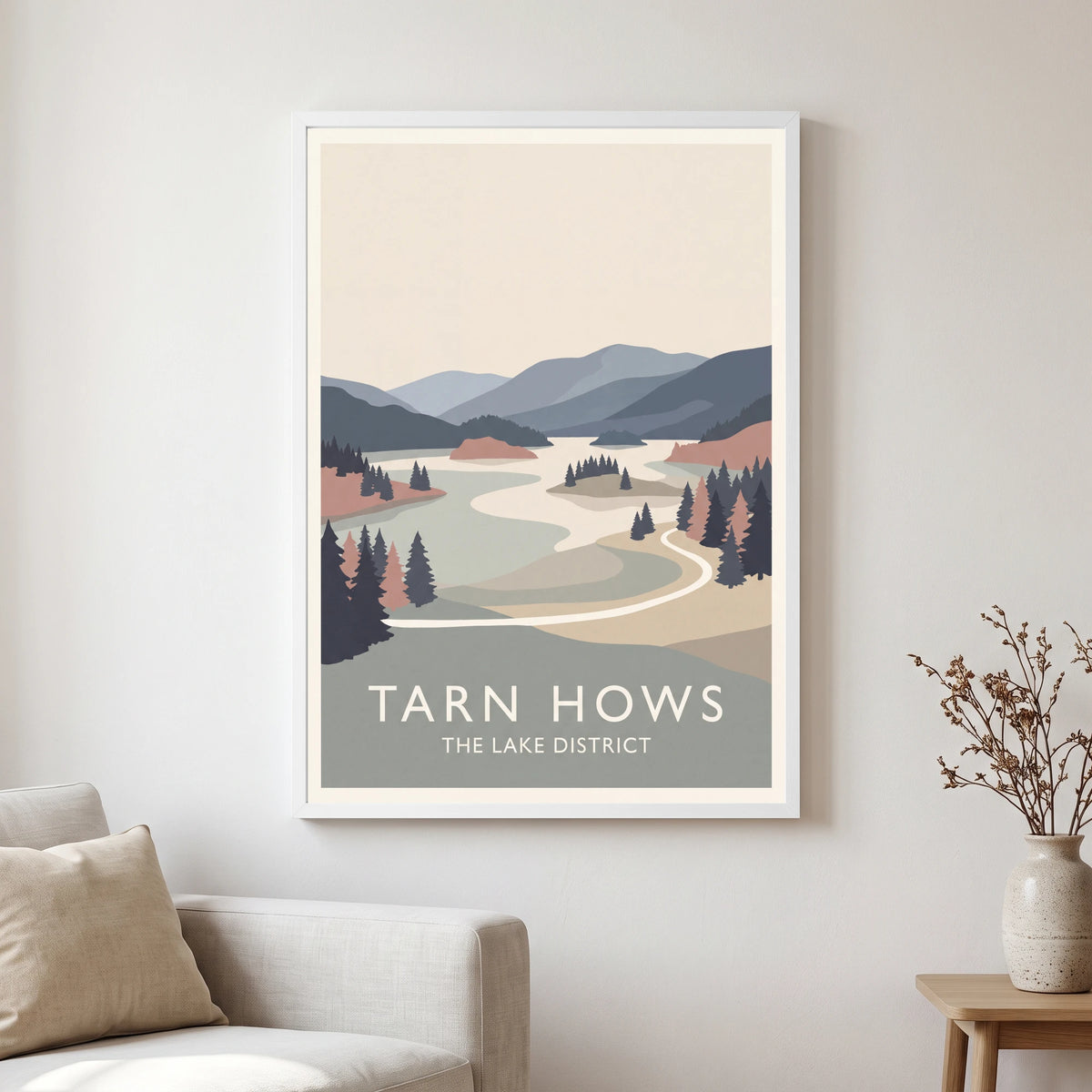 Tarn Hows travel poster in a white frame, hanging in a living2