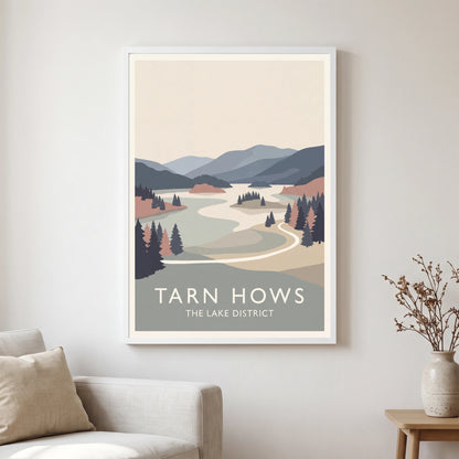 Tarn Hows travel poster in a white frame, hanging in a living2
