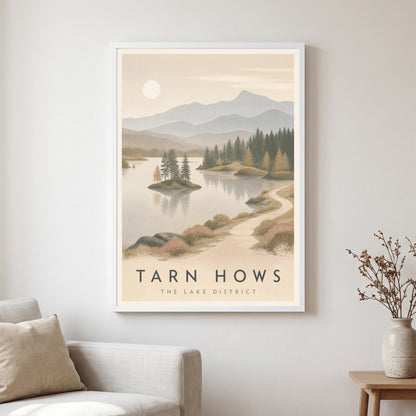 Tarn Hows travel poster in a white frame, hanging in a living2