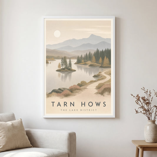 Tarn Hows travel poster in a white frame, hanging in a living2