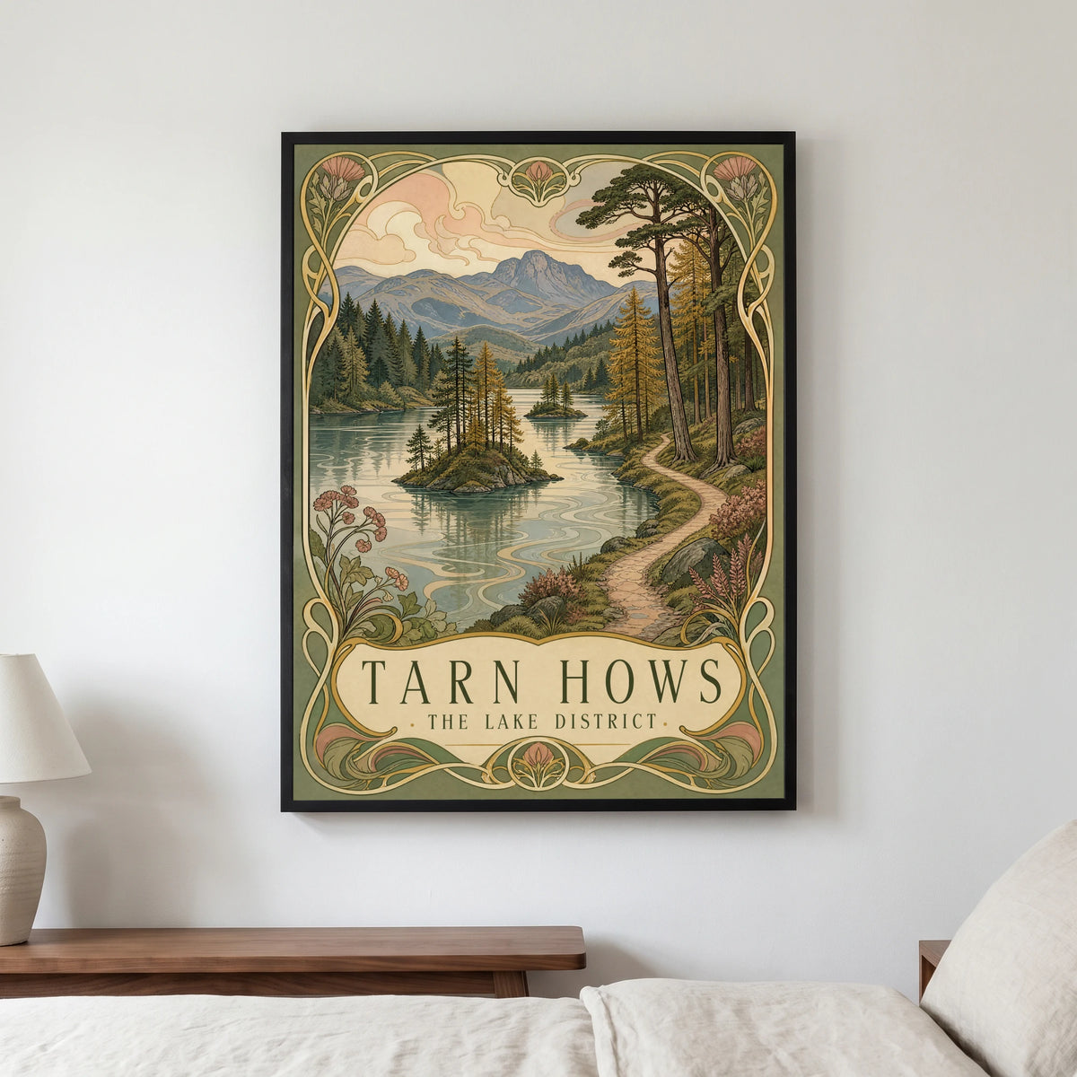Tarn Hows travel poster in a black frame, hanging in a bedroom3