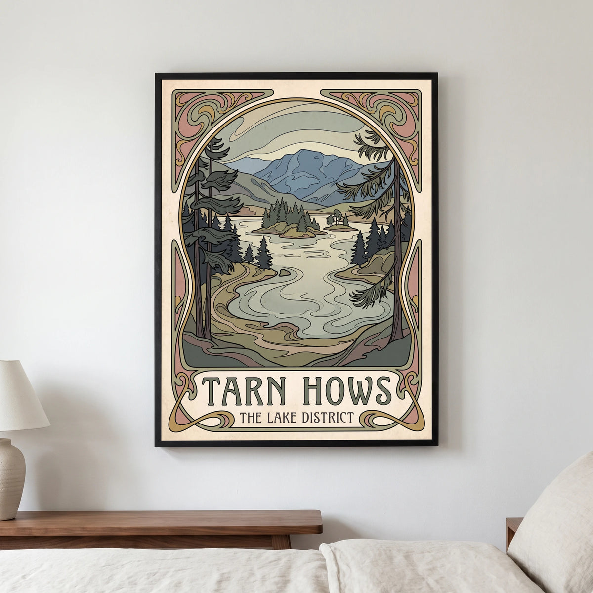 Tarn Hows travel poster in a black frame, hanging in a bedroom3