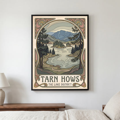 Tarn Hows travel poster in a black frame, hanging in a bedroom3
