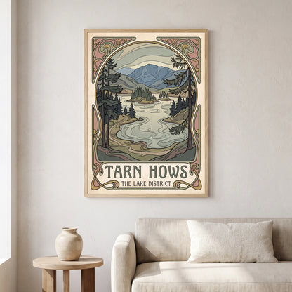 Tarn Hows travel poster in a natural frame, hanging in a living