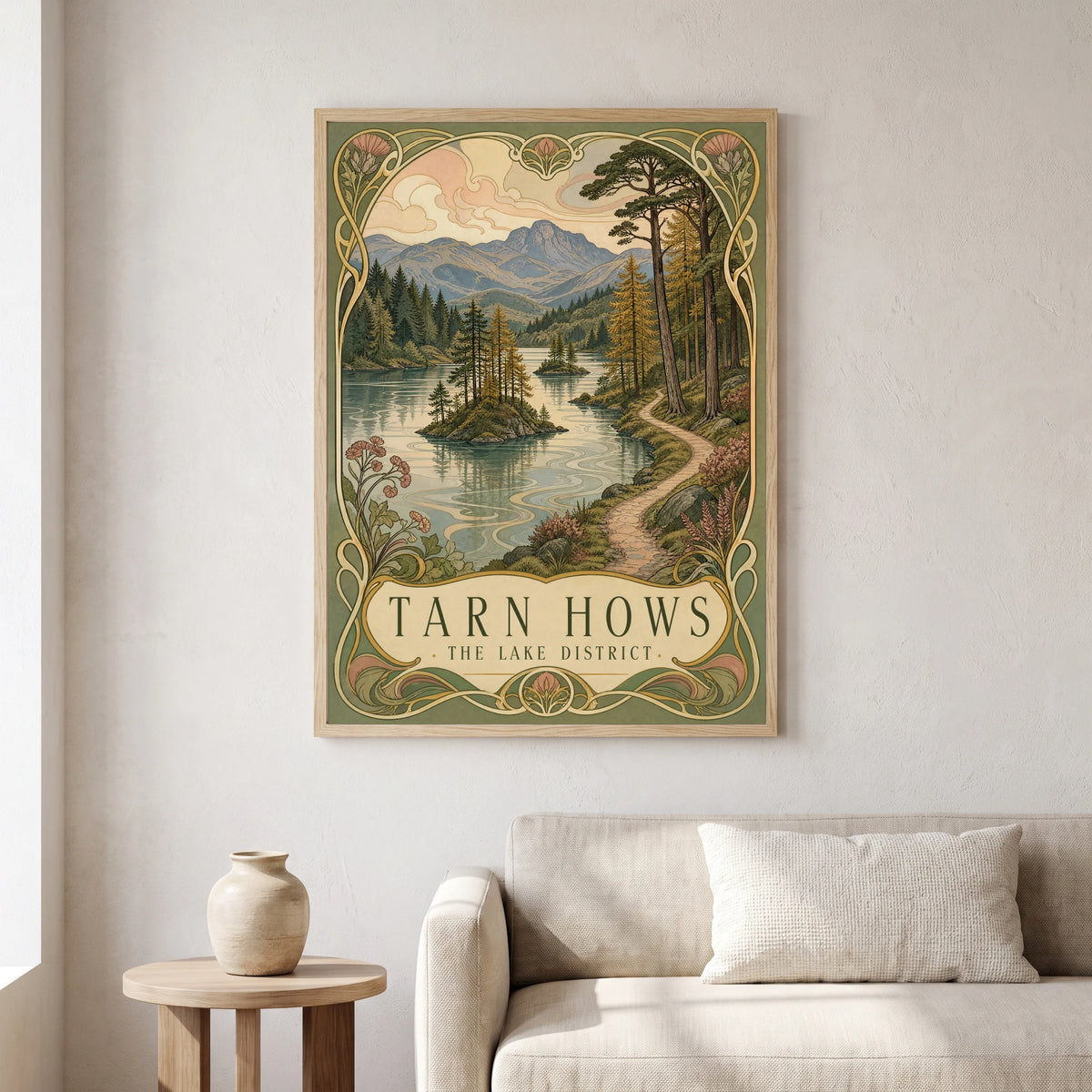 Tarn Hows travel poster in a natural frame, hanging in a living