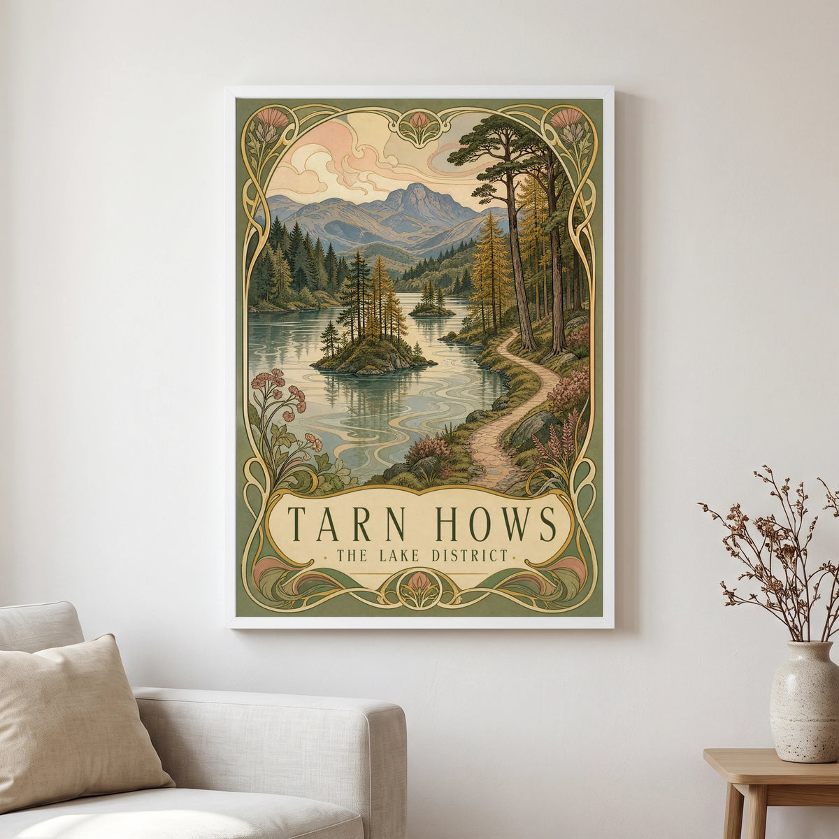 Tarn Hows travel poster in a white frame, hanging in a living2