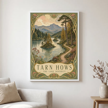 Tarn Hows travel poster in a white frame, hanging in a living2