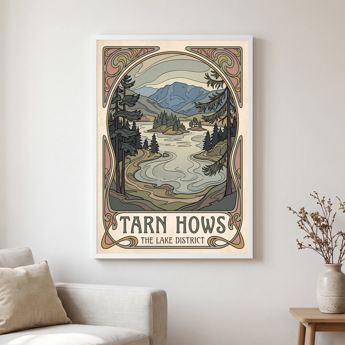 Tarn Hows travel poster in a white frame, hanging in a living2