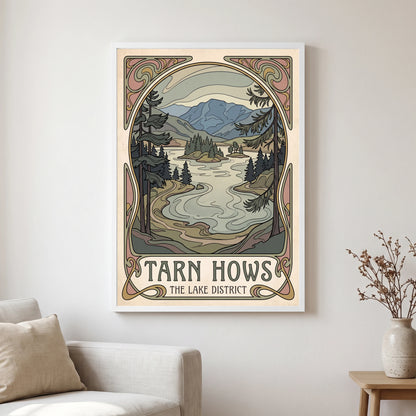 Tarn Hows travel poster in a white frame, hanging in a living2