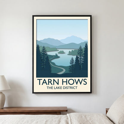 Tarn Hows travel poster in a black frame, hanging in a bedroom3