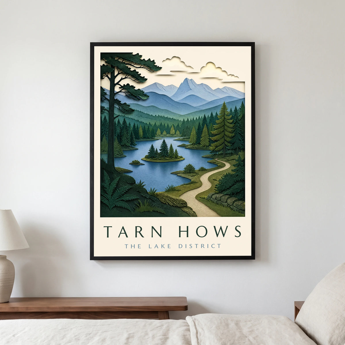 Tarn Hows travel poster in a black frame, hanging in a bedroom3
