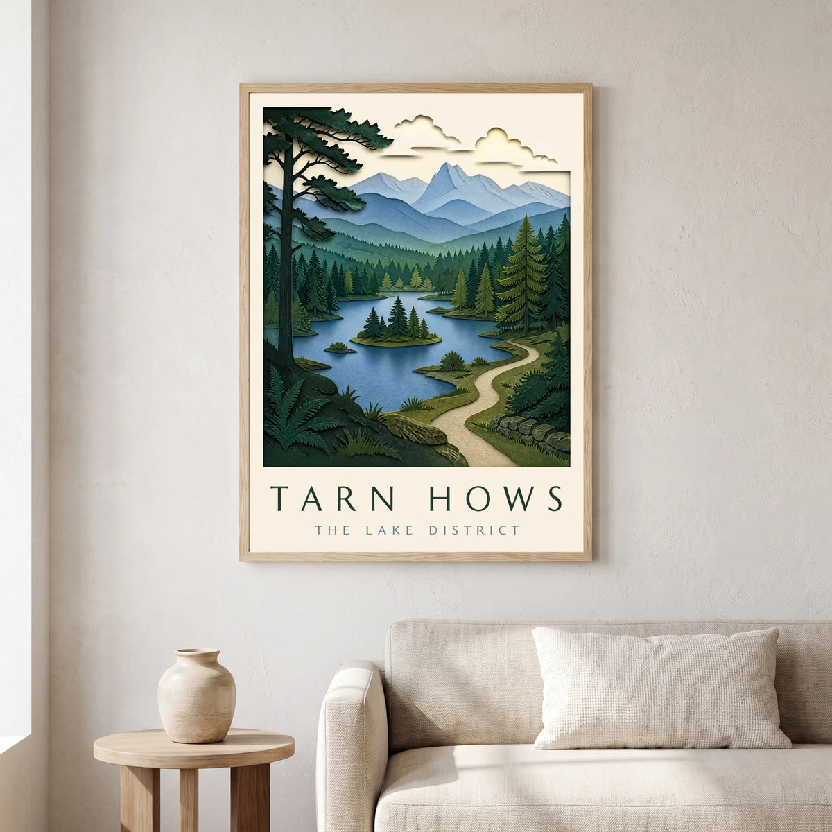 Tarn Hows travel poster in a natural frame, hanging in a living