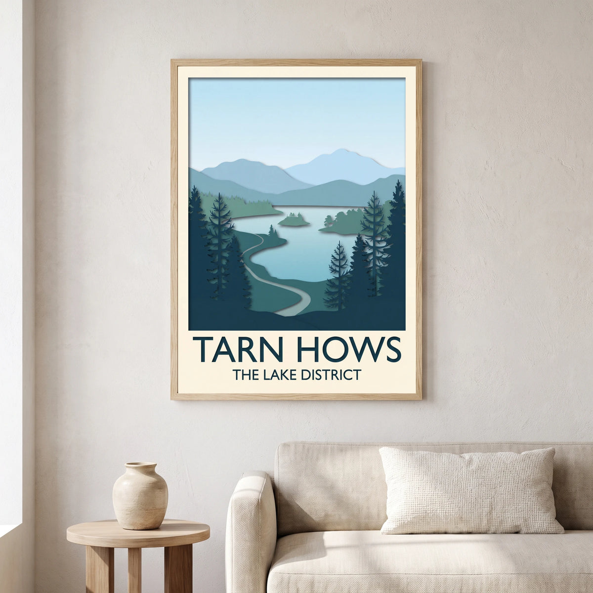 Tarn Hows travel poster in a natural frame, hanging in a living