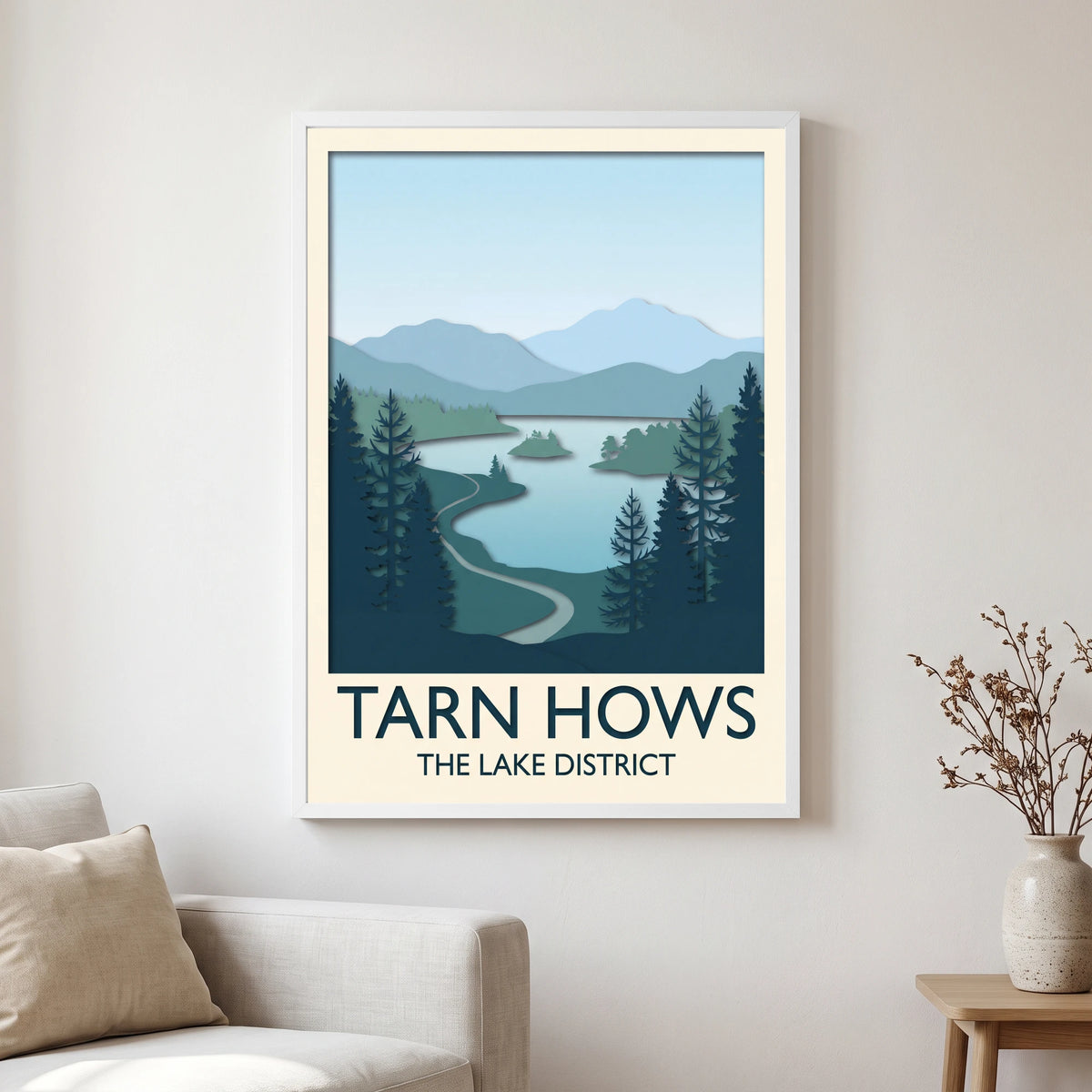 Tarn Hows travel poster in a white frame, hanging in a living2
