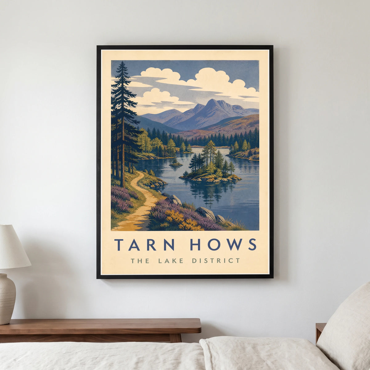 Tarn Hows travel poster in a black frame, hanging in a bedroom3