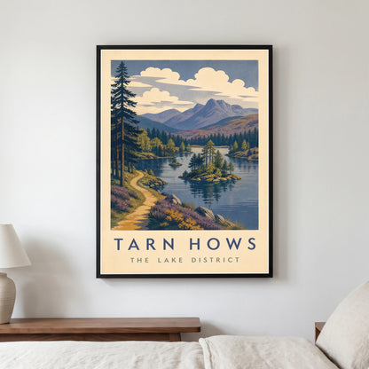 Tarn Hows travel poster in a black frame, hanging in a bedroom3