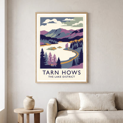 Tarn Hows travel poster in a natural frame, hanging in a living