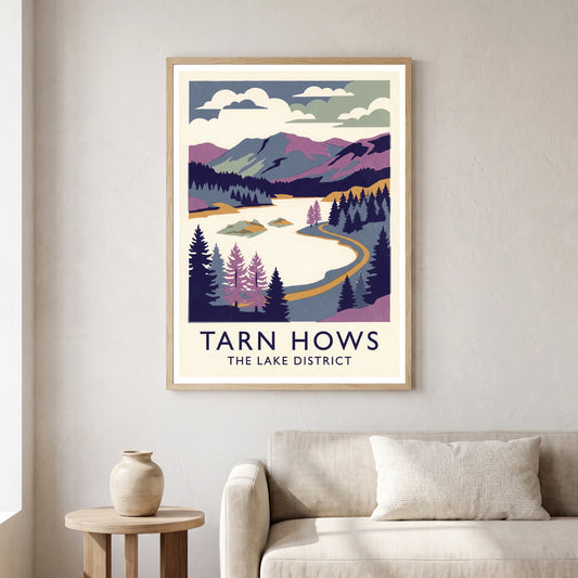 Tarn Hows travel poster in a natural frame, hanging in a living