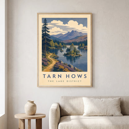 Tarn Hows travel poster in a natural frame, hanging in a living