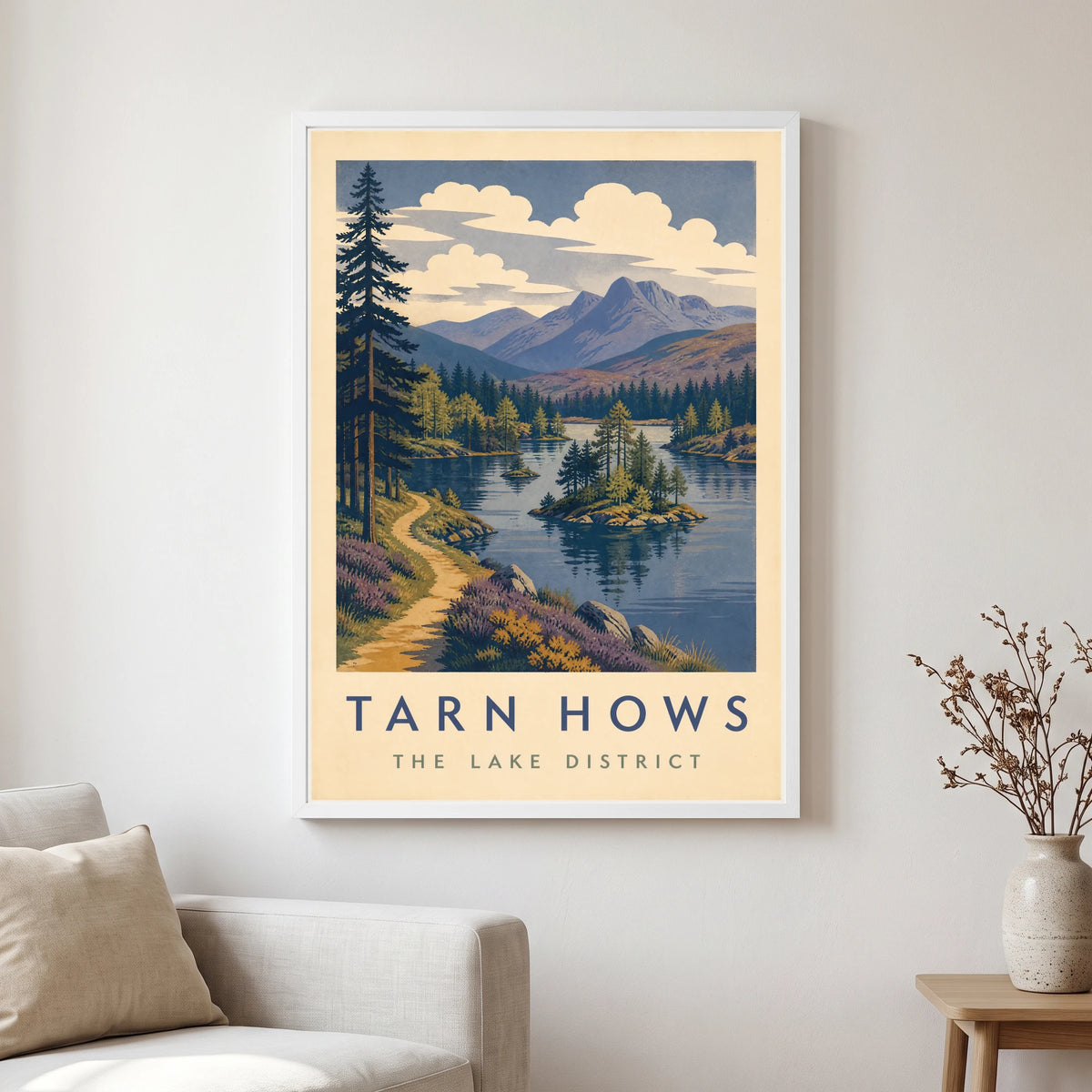 Tarn Hows travel poster in a white frame, hanging in a living2