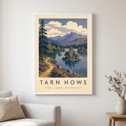 Tarn Hows travel poster in a white frame, hanging in a living2