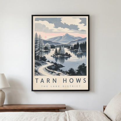 Tarn Hows travel poster in a black frame, hanging in a bedroom3