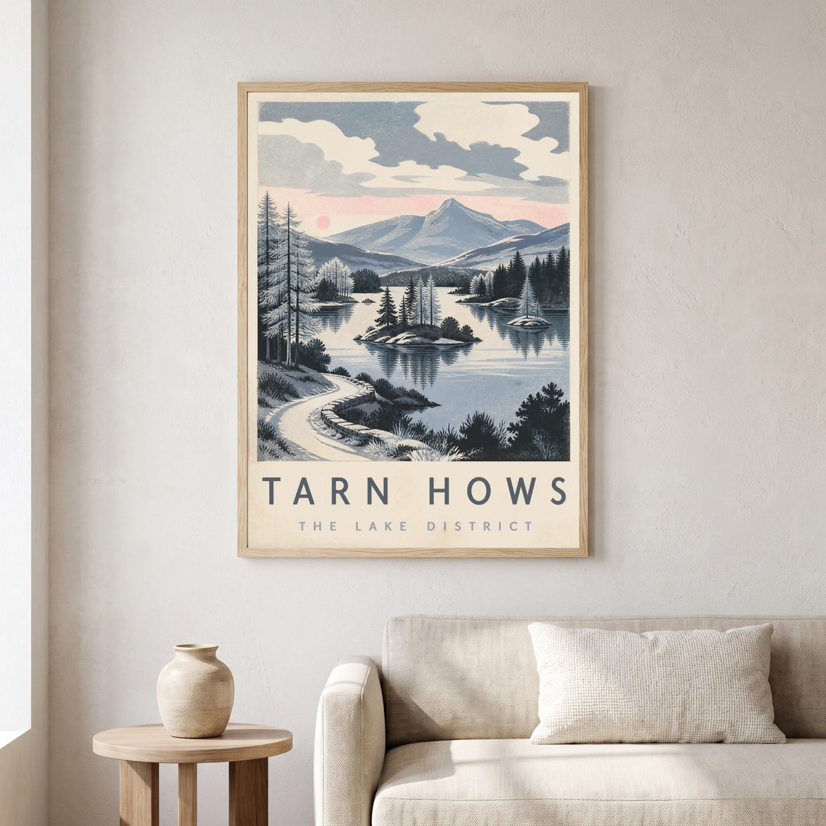 Tarn Hows travel poster in a natural frame, hanging in a living