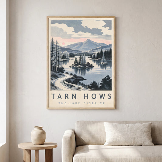 Tarn Hows travel poster in a natural frame, hanging in a living