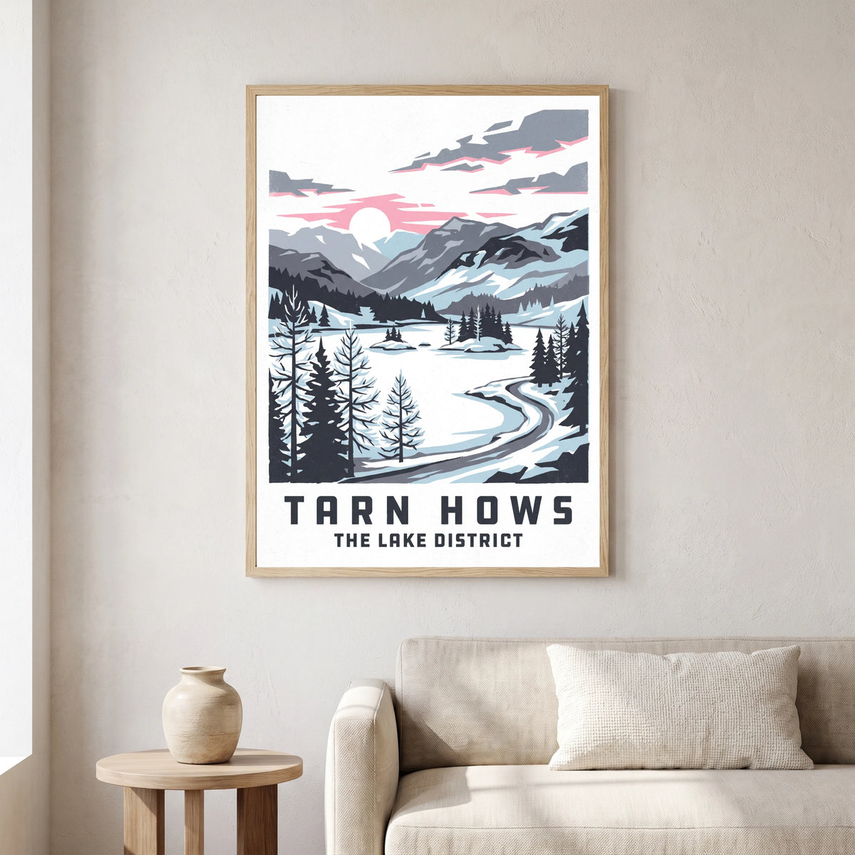Tarn Hows travel poster in a natural frame, hanging in a living