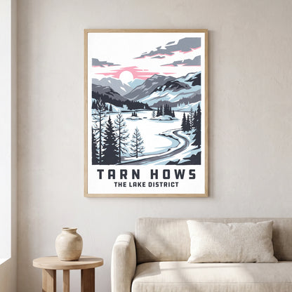 Tarn Hows travel poster in a natural frame, hanging in a living