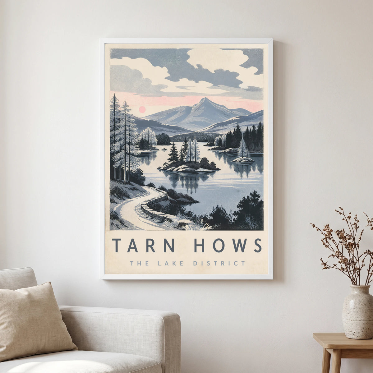 Tarn Hows travel poster in a white frame, hanging in a living2