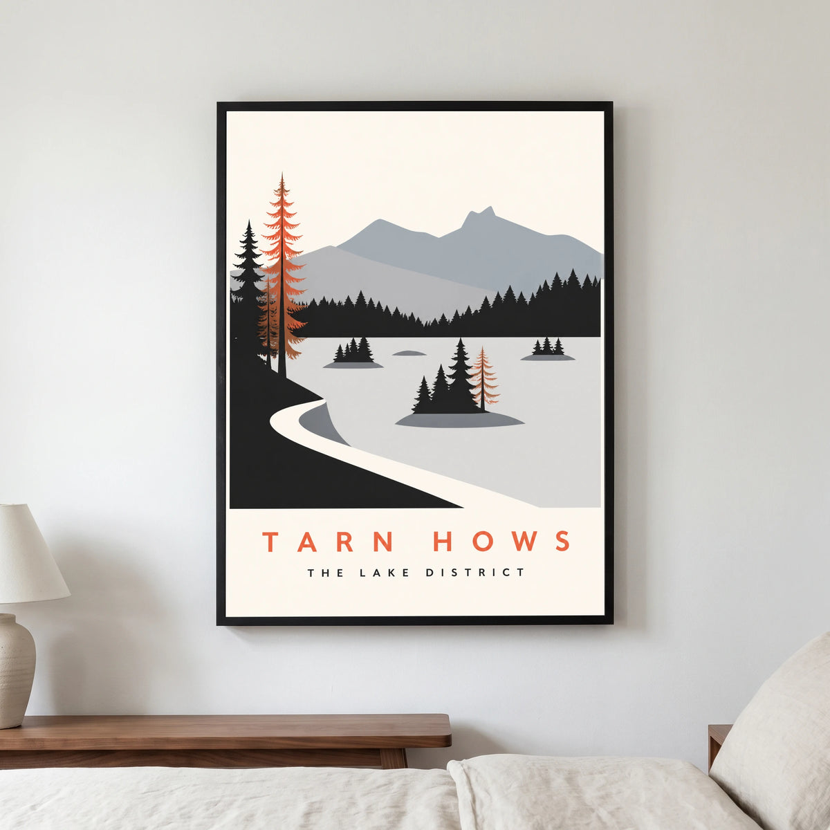 Tarn Hows travel poster in a black frame, hanging in a bedroom3