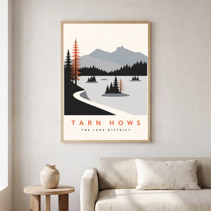 Tarn Hows travel poster in a natural frame, hanging in a living