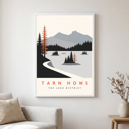 Tarn Hows travel poster in a white frame, hanging in a living2