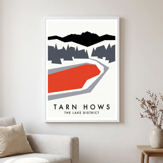Tarn Hows travel poster in a white frame, hanging in a living2